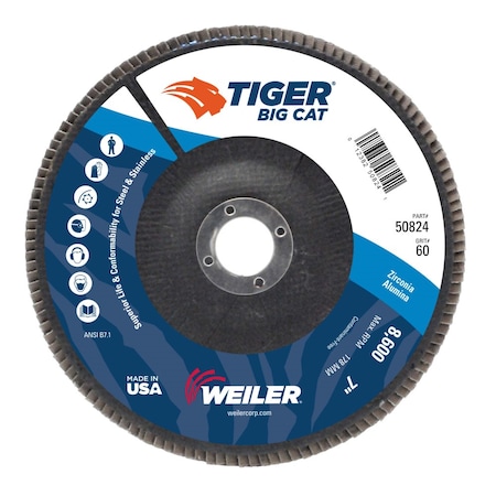 Weiler 7" Big Cat Abrasive Flap Disc, Flat (TY27), 60Z, 7/8" 50824